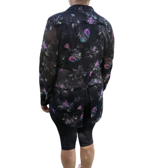 Lauren Conrad Long Button Up Blouse Floral Print on Black - Large - Picture 5 of 11